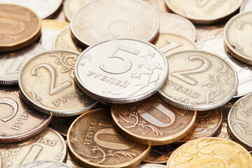 Background of Russian money rubles and coins  (kopecks). 10, 5, 2, 1 rubles, 50 10 kopecks,  macro closeup. Money concept. 