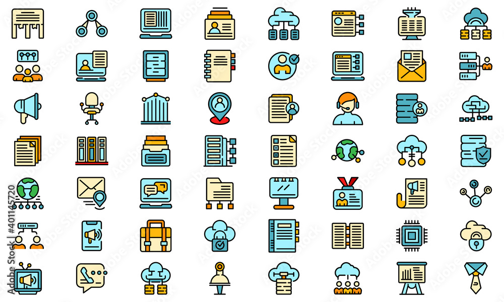 Poster customer database icons set. outline set of customer database vector icons thin line color flat on w