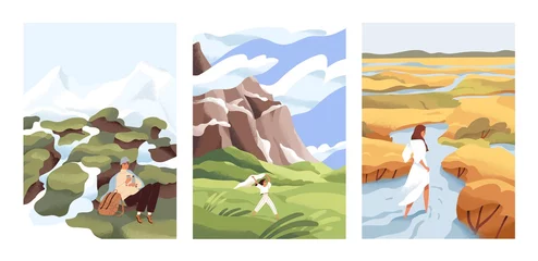 Photo sur Plexiglas Blanche People walk in wild nature alone. Man and woman against the beautiful landscapes vector flat illustrations. Scenic mountain and river view with characters. Concept of freedom, choice, finding your way