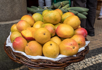 Fresh exotic fruits in Mercado Dos Lavradores. Funchal, Madeira, Portugal