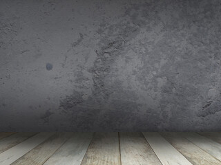 Empty room dark cement wall cover with floor old wood table. Gray wood table dark background. grey old rough wooden floor perspective interior.