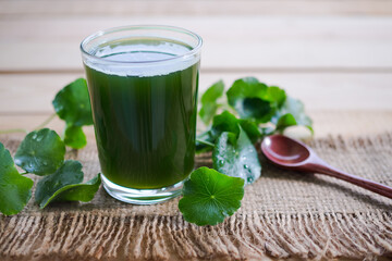 Gotu kola or centella asiatica juice in glass and leave on wood with blur background. herb juice thailand. benefit nourishes the brain, reduce inflammation. Tropical vegetables. drink concept. - obrazy, fototapety, plakaty
