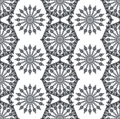 Seamless white background with black mandala ornament in the east style. Ideal for printing on fabric or paper for textile, wrapping. Vector illustration.