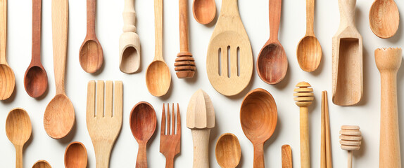 Pattern of wooden dishes on white background