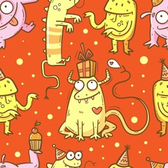 Birthday seamless pattern with cute monsters on  red background. Colorful wallpaper . Doodle cartoon dragon print. Line art poster.