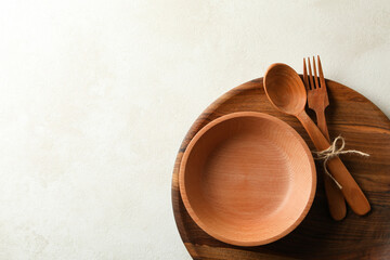 Wooden kitchenware on white background, top view