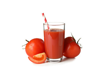Glass of tomato juice and tomatoes isolated on white background