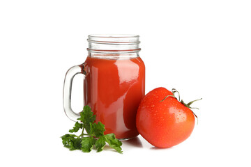 Glass jar of tomato juice and tomato isolated on white background