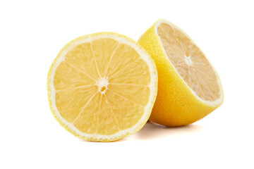 Lemons fruit set. Lemon half and lemon slice isolated on the white background, macro close up