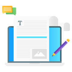 
Paper with pencil inside laptop display, copywriting vector in gradient style 
