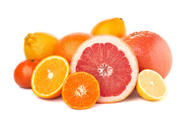 Fruit composition. Group of citrus: orange, lemon, mandarine tangerine, grapefruit. full, half and slices on white background, macro close-up