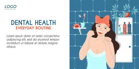 Horizontal banner for web page template. Dental health daily care concept. Young caucasian woman flossing her teeth in the bathroom. Healthy lifestyle. Stock vector flat illustration.