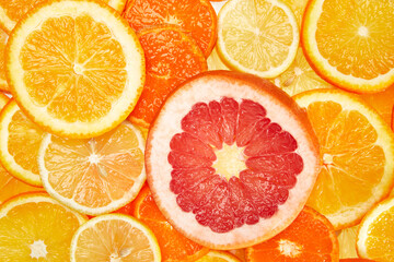 Colorful creative background of orange, lemon, grapefruit and Mandarin slices. Flat lay macro close-up, top view