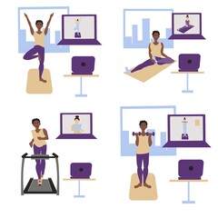 Set of vector illustration African American girl doing yoga exercises, stretching exercises, exercises on treatmill and exercises with dumbbells Online workout whith coach