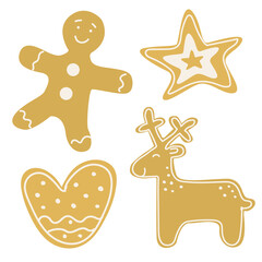 Christmas cookie set with gingerbread Man, star, heart and deer.  Hand drawn vector illustration. Great for Xmas, New year design, greeting cards. Cute biscuits.