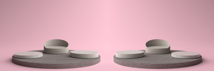 3D rendering of Round marble Pedestal, Podium for display product on the pink floor. Pedestal can be used for commercial advertising, Isolated on pink background, Product Presentation, illustration.