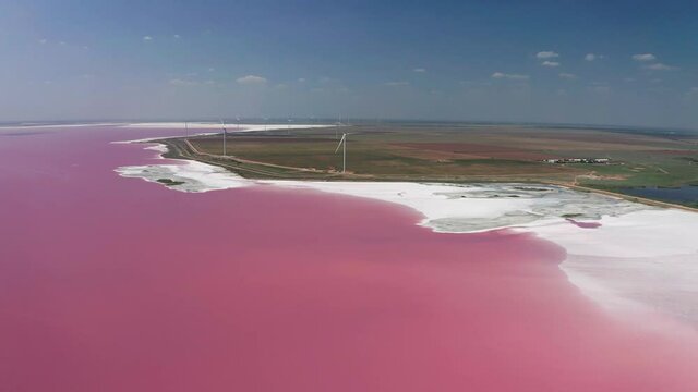 Aerial view of the salty pink lake. Pink Salt Lake Torrevieja