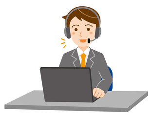 ノートパソコンでオンライン通話をするヘッドセットをつけたスーツ姿の若い男性のイラスト/白背景