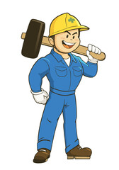 Illustration of a man in work clothes carrying a hammer. Vector illustration on white background.