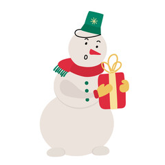 A cute funny surprised snowman and a gift box in flat cartoon style.  Vector hand drawn illustration isolated on white background. Great for New year, Xmas card and poster design.