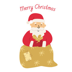 Greeting card with cute Santa and  a bag of gifts in flat cartoon style. Merry Christmas hand drawn lettering. Vector illustration isolated on white background.