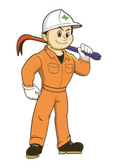 Illustration of a man in work clothes carrying a crowbar. Vector illustration on white background.