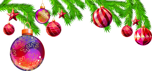 Festive Christmas background with hanging balls. Template for season design with glass decoration