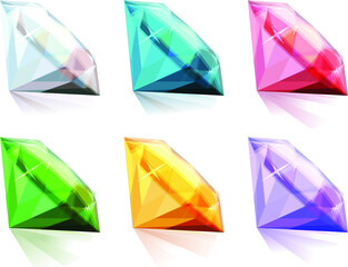 Different jewels isolated on white background. Brilliants, rubies, emeralds and sapphire