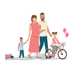 Dad and mom are walking with the children. Pregnant mom with dad and son walk holding hands while daughter rides a bike. Isolated vector illustration in flat style.