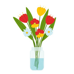 A bouquet of simple flowers of tulips and daisies in a transparent glass jar with water. Bright home decoration. Summer bouquet. Color vector illustration in flat style.Isolated on a white background