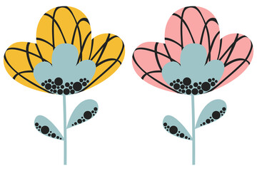 A set of two abstract stylized flowers with pink and yellow buds and pigeon gray stems in a Scandinavian style on a white background. Cute cartoon poppies or tulips. Vector.