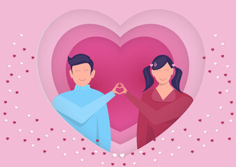 Man and woman Heart sign  hands togrther in big heart.   Valentines day. Vector flat illustration. Banner