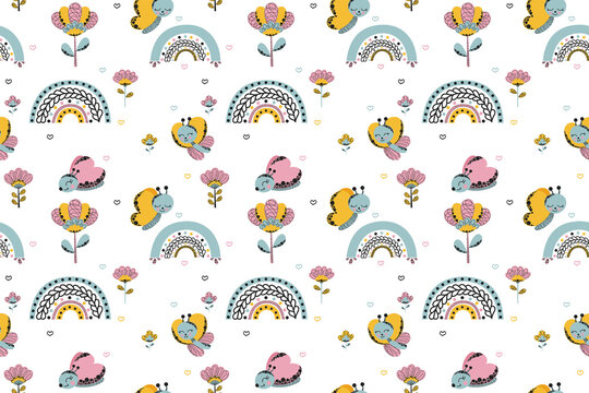 Cute seamless pattern of cartoon stylized funny butterflies, abstract rainbows, flowers and hearts of blue-gray, yellow and pink colors in a girly naive Scandinavian style. White background. Vector.