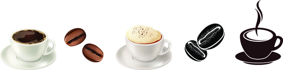 Set with cups of hot espresso and cappuccino, symbols of coffee beens and coffee.