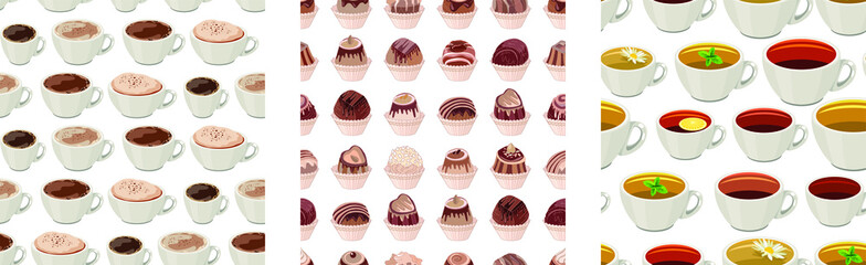 Seamless patterns with cups of coffee and tea with sweets. Endless textures for your design,restaurant and cafe menu.
