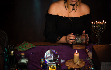 Prediction concept. Old magic, Tarot cards and divination, fortune telling scene