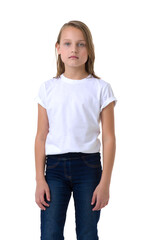 Fototapeta premium Blonde in a white T-shirt in the studio on a white background. Close-up