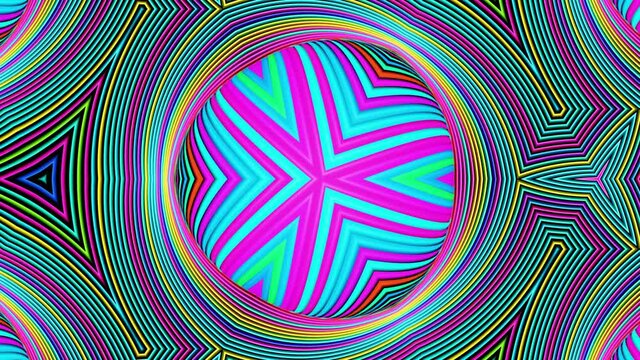 Looped abstract symmetrical background, 3d elements light up like bulbs with multicolor neon light. Bg for show or events, exhibitions, festivals or concerts, music videos, VJ loop for night clubs.