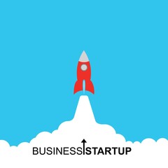 Fototapeta premium Business startup launch concept, flat design, rocket icon isolated on blue background. Vector illustration