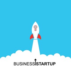 Business startup launch concept, flat design, rocket icon isolated on blue background. Vector illustration