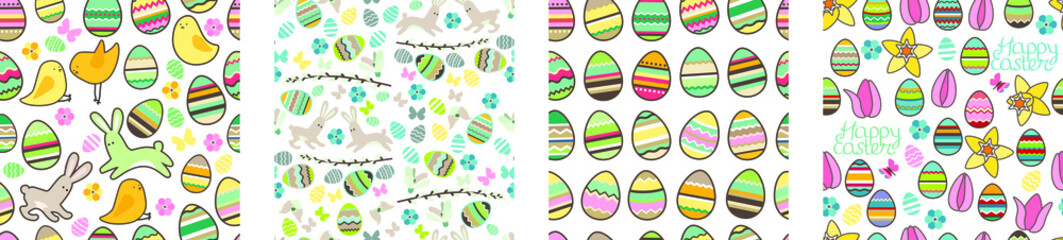 Seamless patterns with easter symbols,eggs and birds. Collection with endless textures