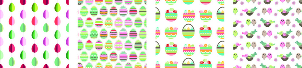 Seamless patterns with easter symbols,eggs and birds. Collection with endless textures