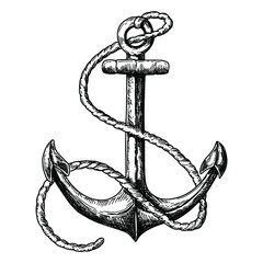 Vintage hand drawn anchor isolated on white background, pen and ink line etching. Vector illustration. - obrazy, fototapety, plakaty