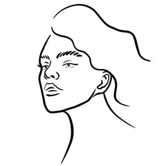 Beautiful girl hand-drawn black outline, minimalistic illustration for beauty salon, postcard, poster