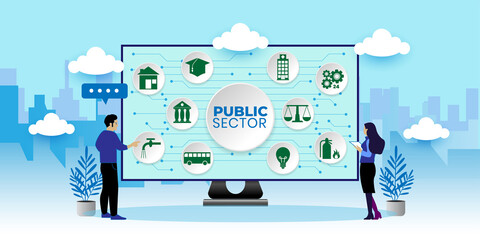 Governmental System Citizen Service Concept. Public Sector Government People Business Concept With icons. Cartoon Vector People Illustration