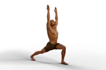 Man in Warrior 1 pose, or Virabhadrasana 1, illustration