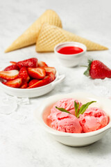 Strawberry ice-cream and strawberry in studio