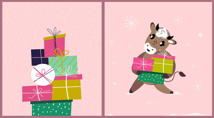 Set of Cute Cartoon Ox,Cow and Greeting Christmas Card.New Year Cattle,Christmas Festive Attribute.Greeting Elements.Paper Label,New Year 2021 Symbol.Advertising Holiday Animal Set.Vector Illustration