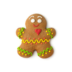 Gingerbread man isolated on white background with copy space. Christmas still life.
