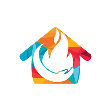 Fire care vector logo design concept. Hand and fire with house icon logo design.